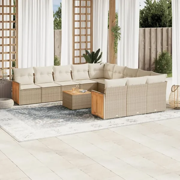 Salon de jardin avec coussins 12 pcs beige résine tressée