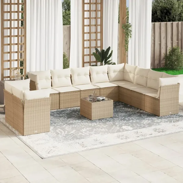 Salon de jardin 11 pcs avec coussins beige résine tressée
