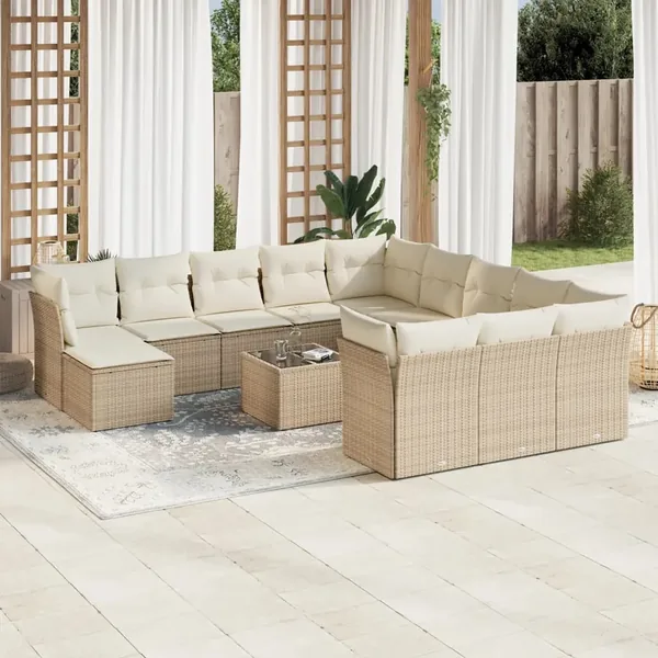 Salon de jardin avec coussins 13 pcs beige résine tressée