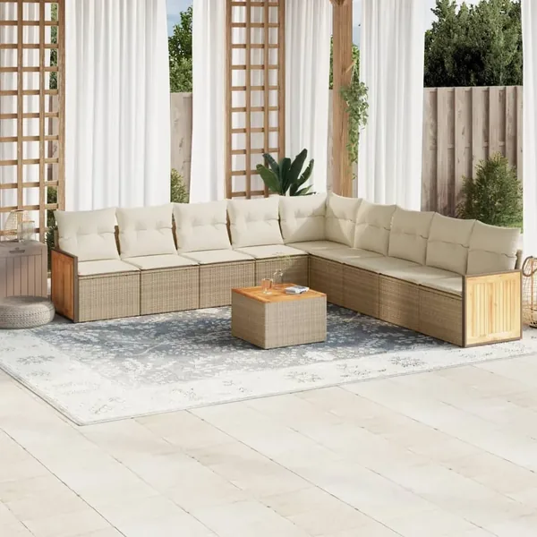 Salon de jardin avec coussins 10 pcs beige résine tressée