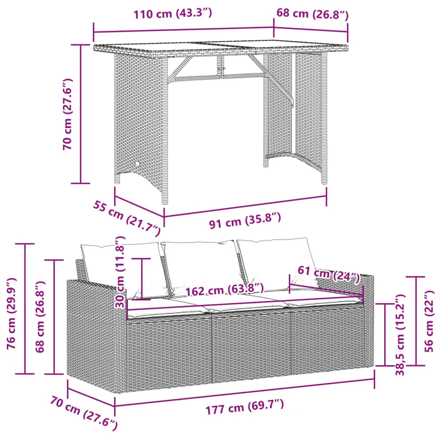 Ensemble à manger de jardin coussins 2pcs noir résine tressée - 11