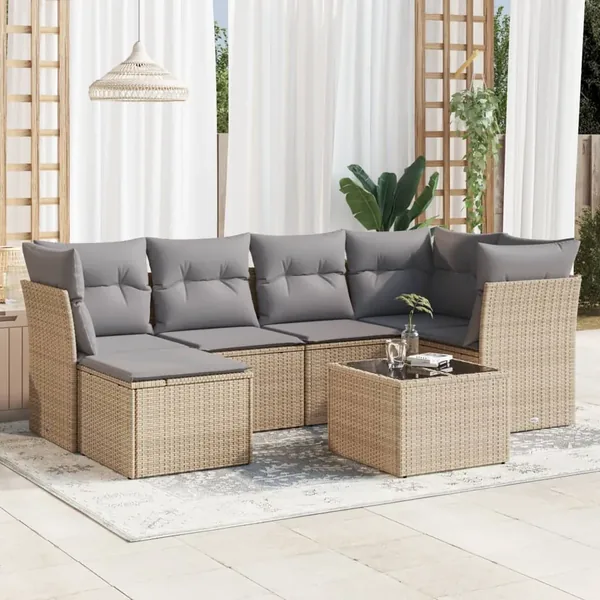 Salon de jardin avec coussins 7 pcs beige résine tressée