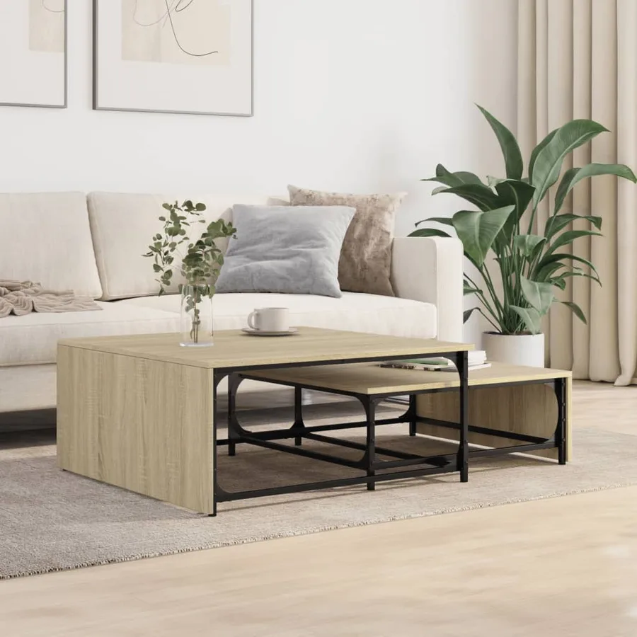 Tables basses gigognes 2 pcs chêne sonoma bois ingénierie métal - 3