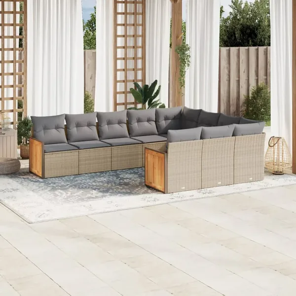 Salon de jardin avec coussins 10 pcs beige résine tressée