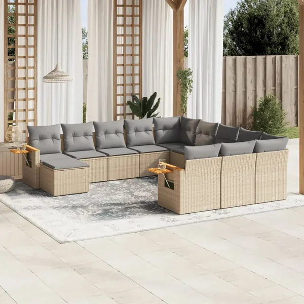 Salon de jardin 11 pcs avec coussins beige résine tressée