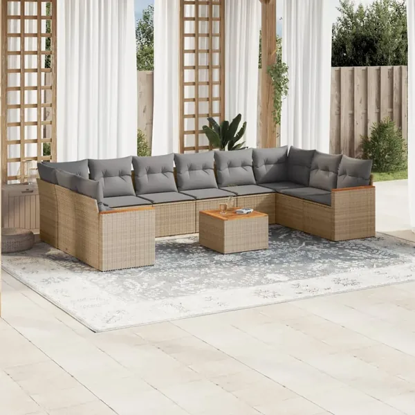 Salon de jardin 11 pcs avec coussins beige résine tressée