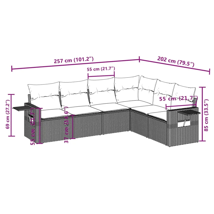 Salon de jardin 6 pcs avec coussins noir résine tressée - 3