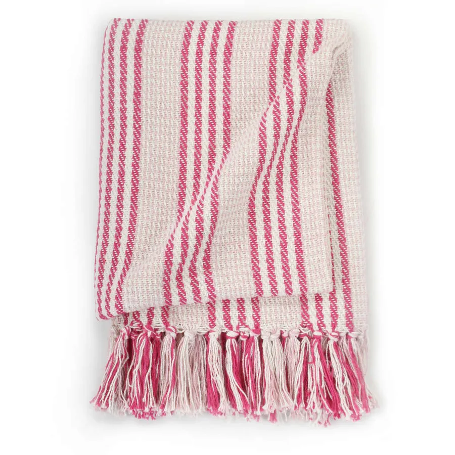Couverture coton à rayures 125x150 cm Rose et Blanc - 3