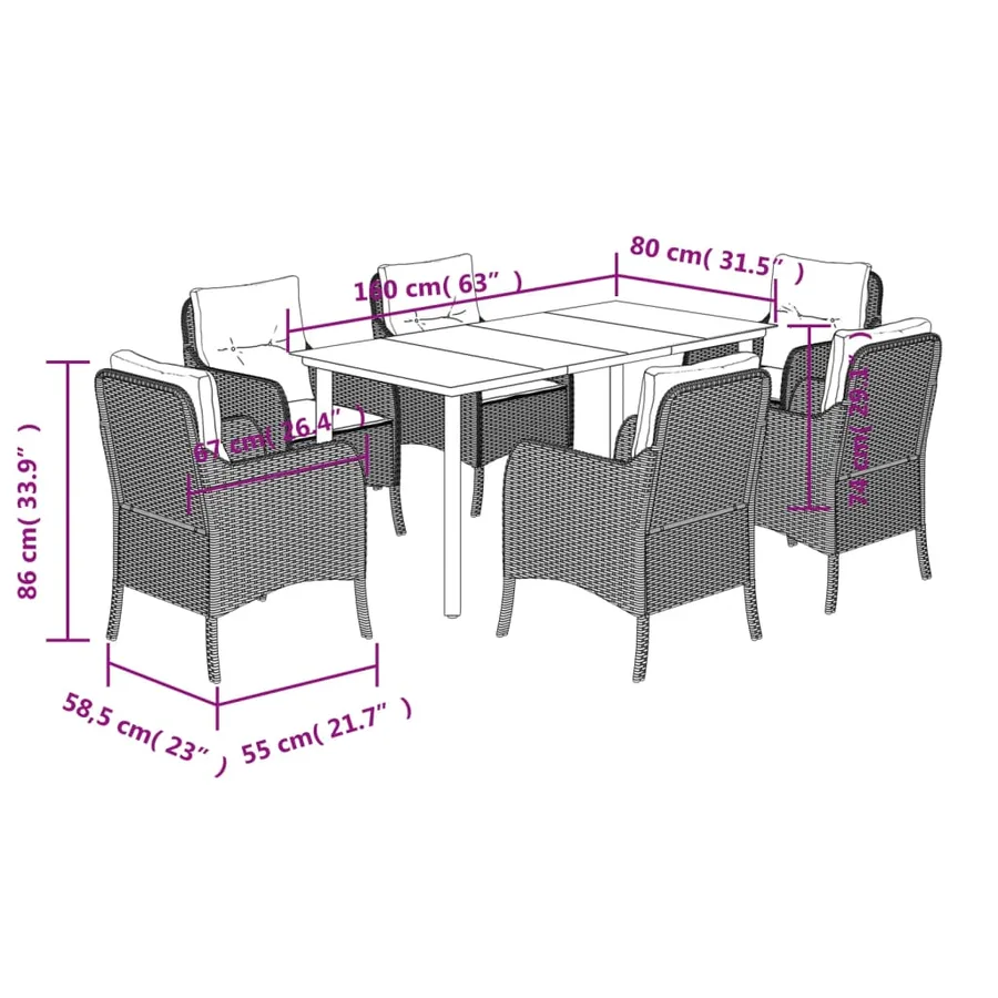 Ensemble à manger de jardin coussins 7pcs Noir Résine tressée - 7