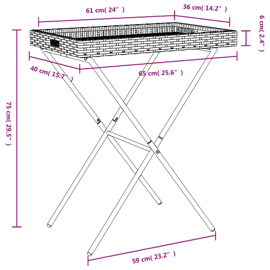 Table à plateau pliable gris 65x40x75 cm résine tressée - 11