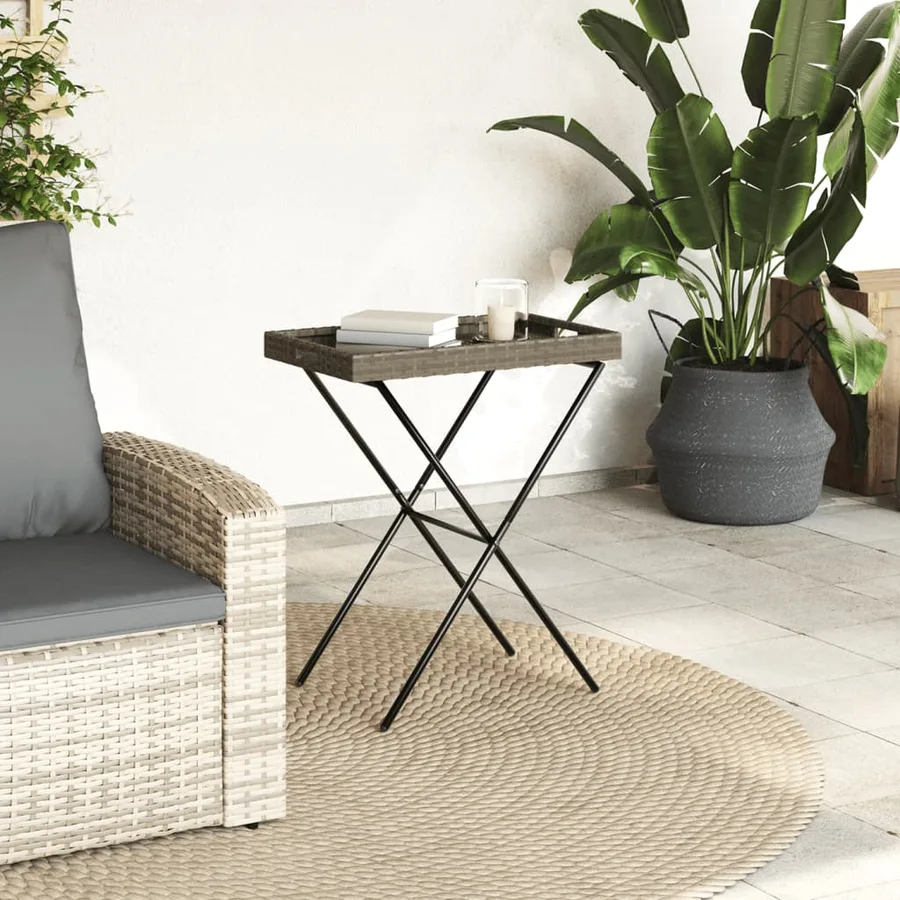 Table à plateau pliable gris 65x40x75 cm résine tressée - 3