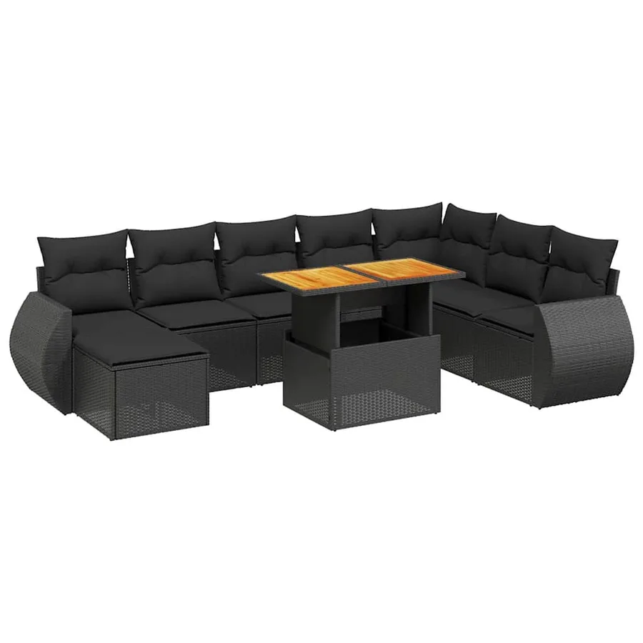 Salon de jardin 9 pcs avec coussins noir résine tressée - 2