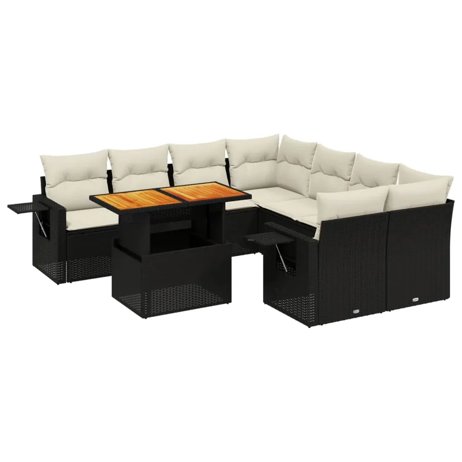Salon de jardin 9 pcs avec coussins noir résine tressée - 2