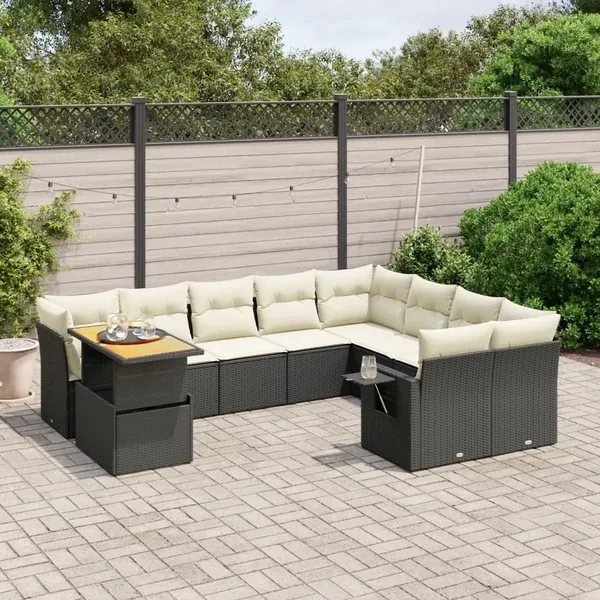 Salon de jardin 10 pcs avec coussins noir résine tressée