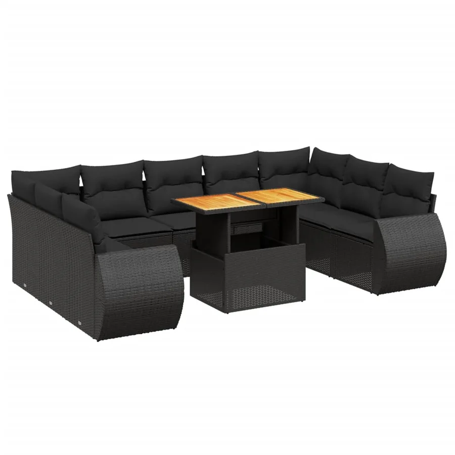 Salon de jardin 10 pcs avec coussins noir résine tressée - 2