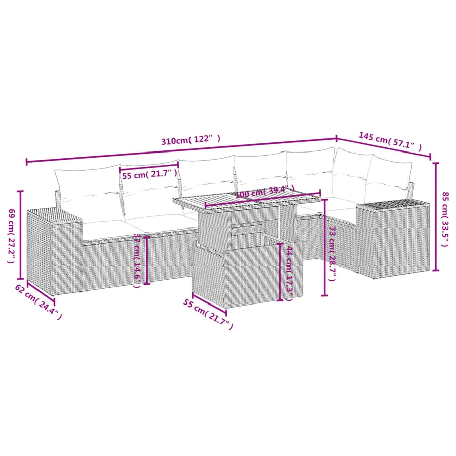 Salon de jardin 7 pcs avec coussins noir résine tressée 62 x 62 x 69 cm - 64,7 kg - 3