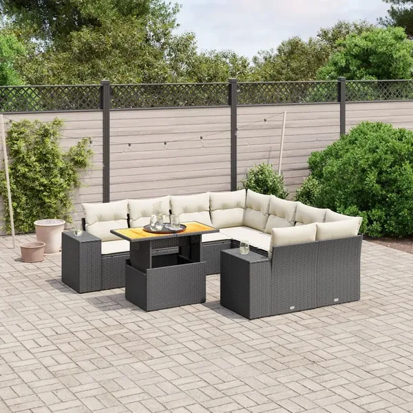 Salon de jardin 9 pcs avec coussins noir résine tressée