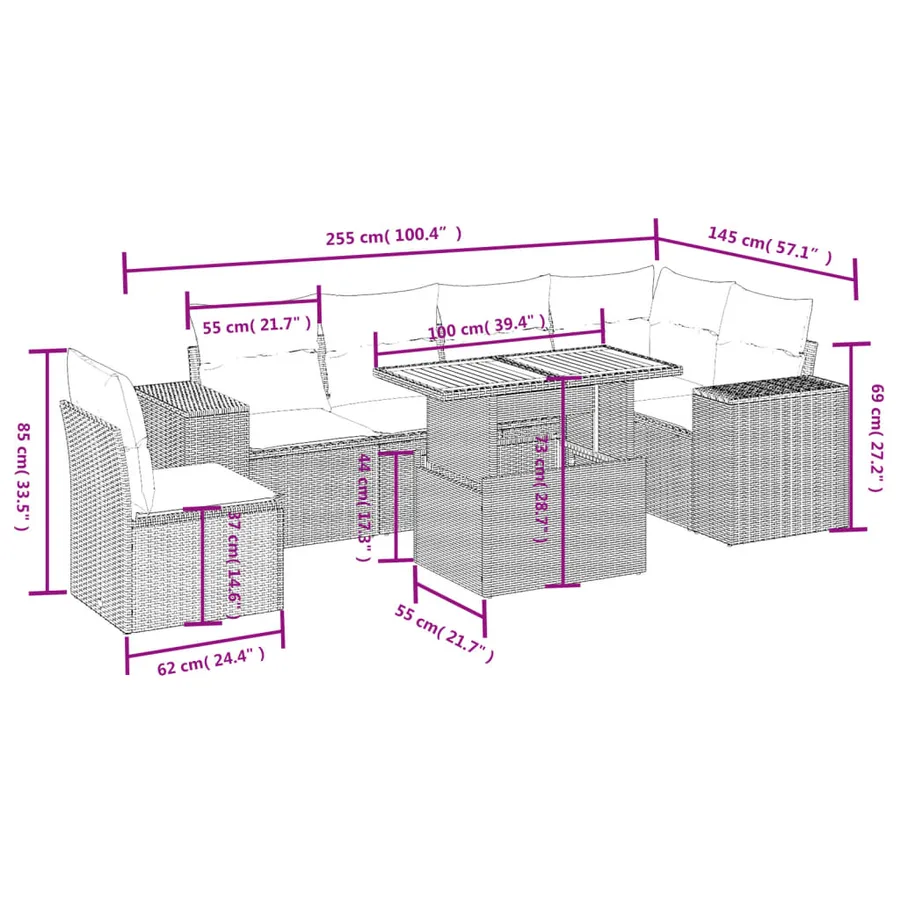 Salon de jardin 7 pcs avec coussins noir résine tressée 62 x 62 x 69 cm - 64,6 kg - 3