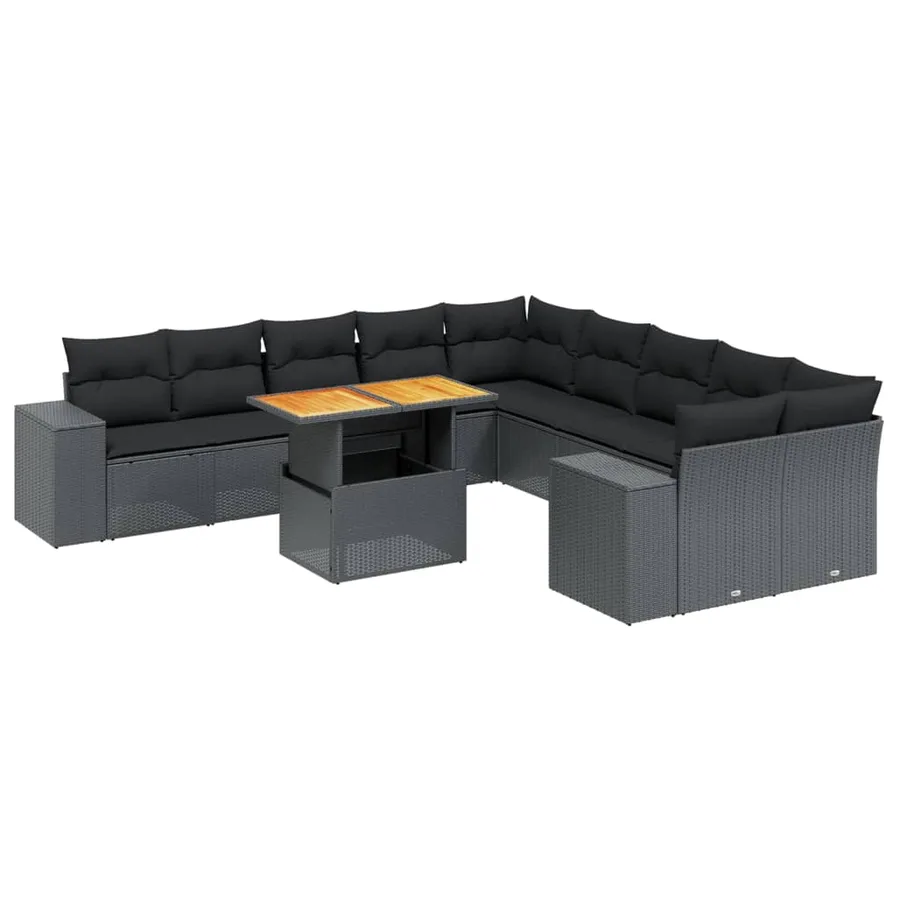 Salon de jardin 11 pcs avec coussins noir résine tressée - 2