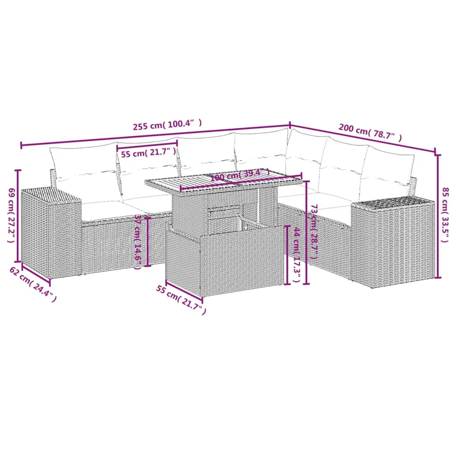 Salon de jardin 7 pcs avec coussins noir résine tressée 62 x 62 x 69 cm - 64,6 kg - 3