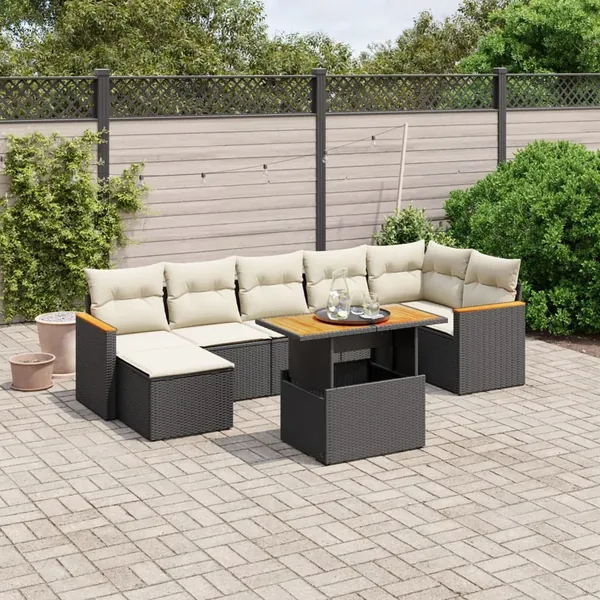 Salon de jardin 8 pcs avec coussins noir résine tressée