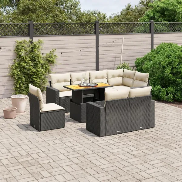 Salon de jardin 9 pcs avec coussins noir résine tressée