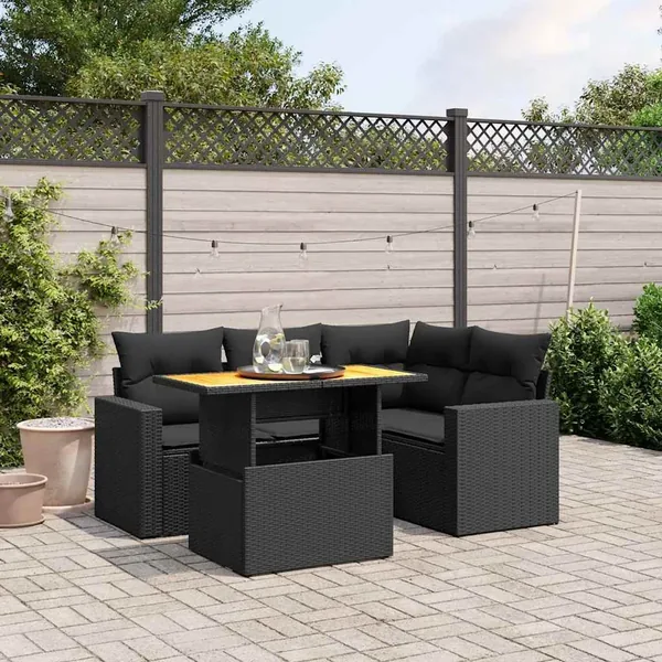 Salon de jardin 5 pcs avec coussins noir résine tressée