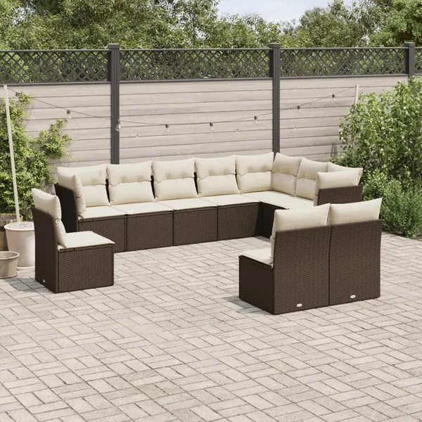 Salon de jardin 10 pcs avec coussins marron résine tressée