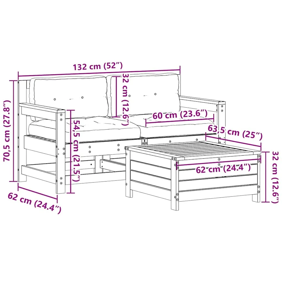 Salon de jardin 3 pcs avec coussins blanc bois de pin massif - 9