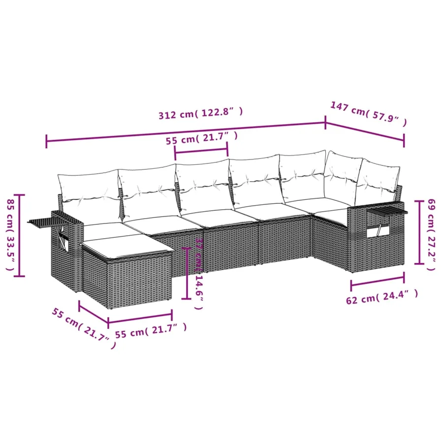 Salon de jardin 7 pcs avec coussins noir résine tressée 55 x 62 x 69 cm - 60,0 kg - 3