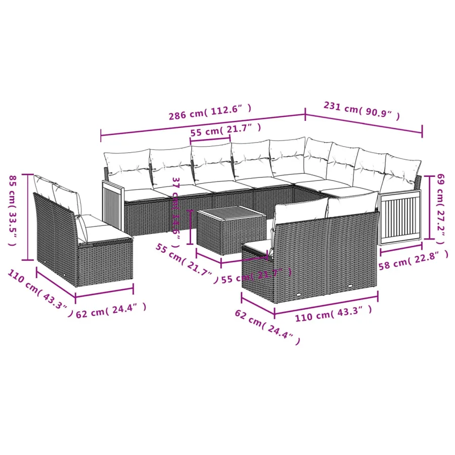Salon de jardin avec coussins 13 pcs noir résine tressée - 3