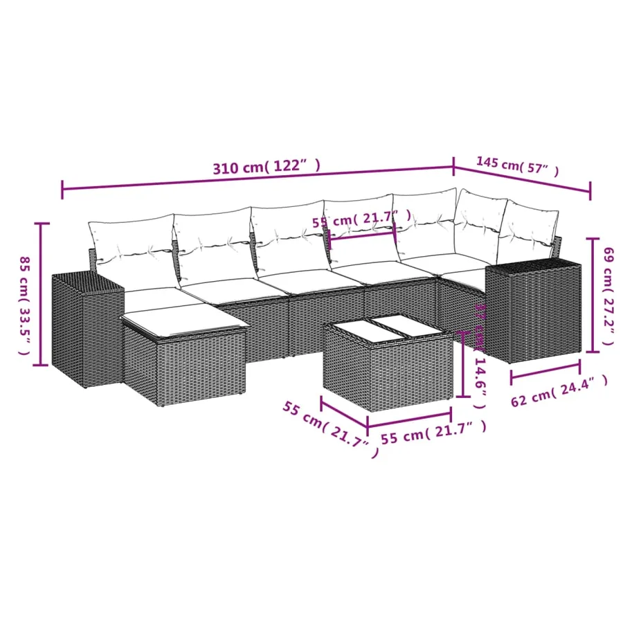 Salon de jardin 8 pcs avec coussins noir résine tressée - 3