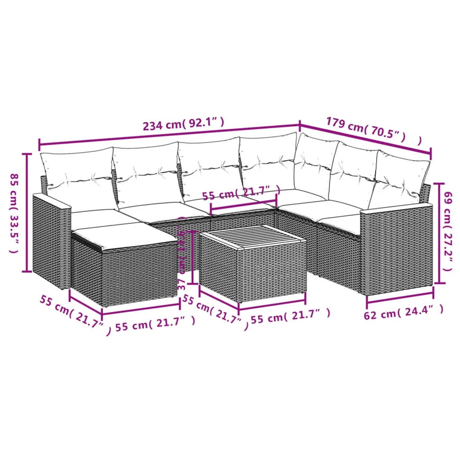 Salon de jardin 8 pcs avec coussins noir résine tressée - 3