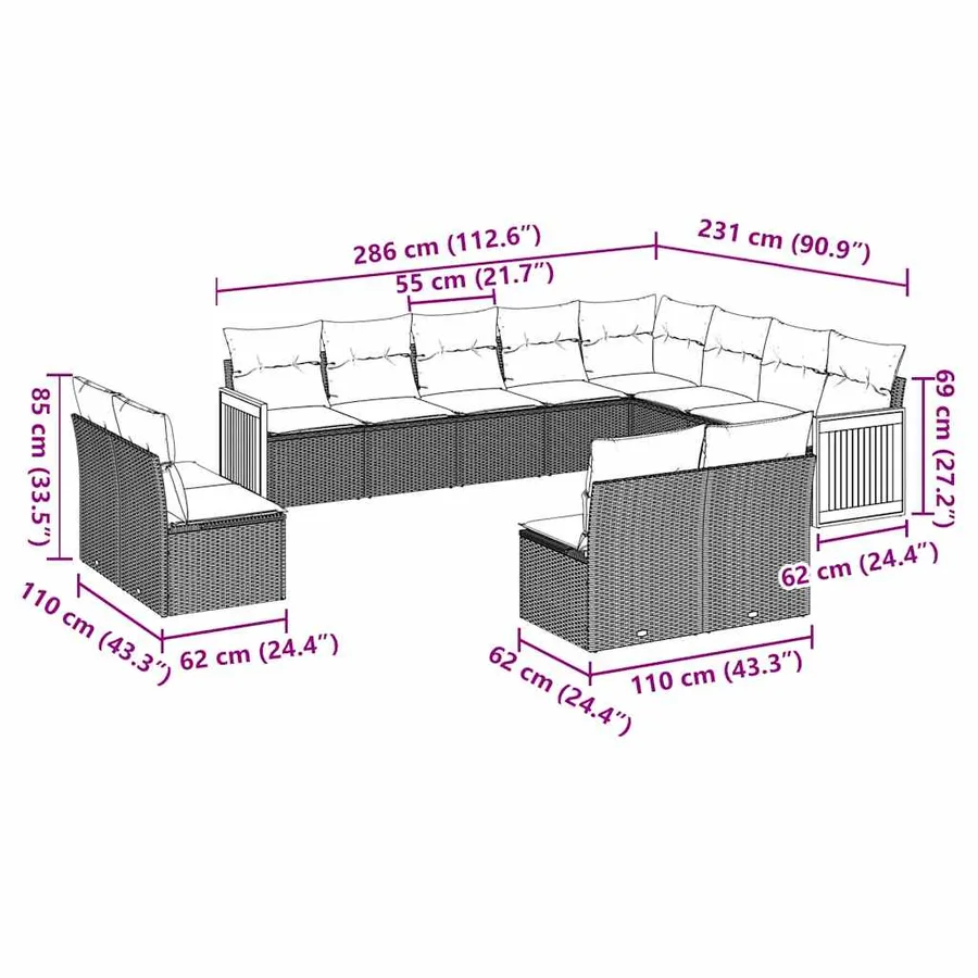 Salon de jardin 12 pcs avec coussins noir résine tressée - 3