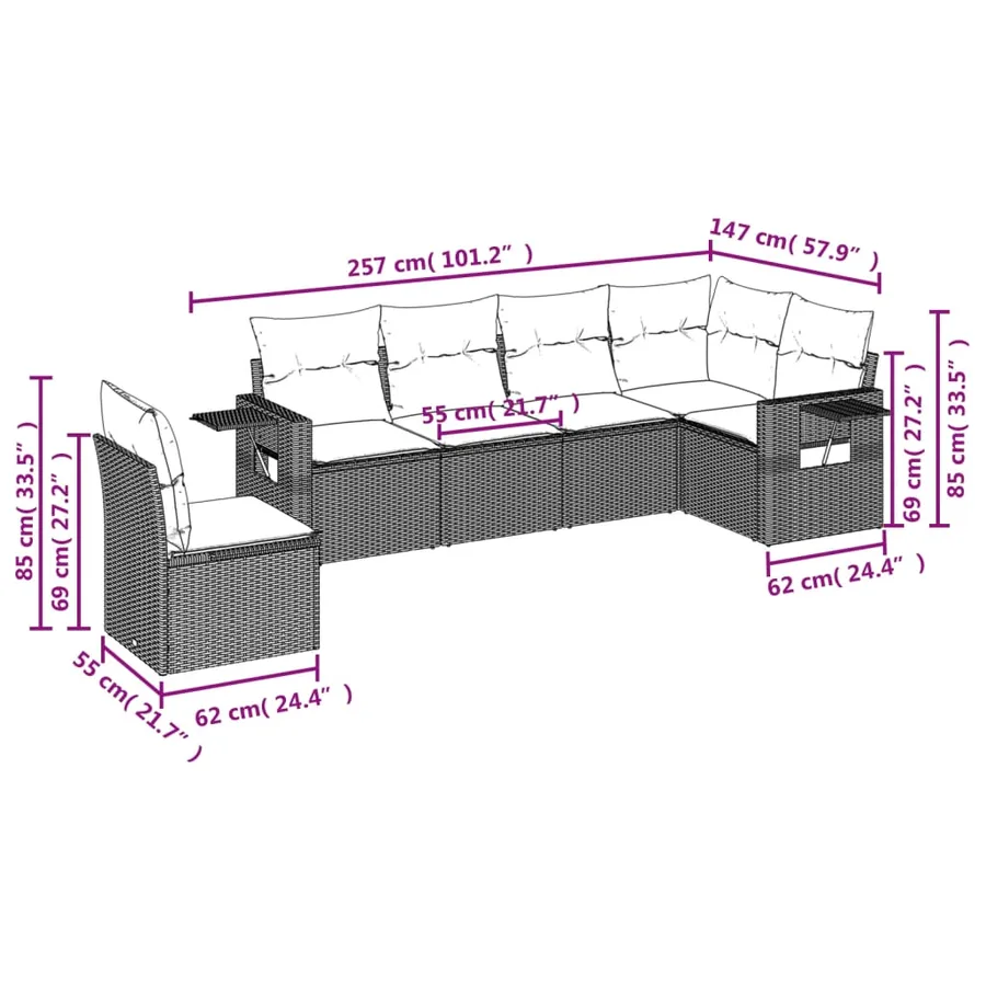 Salon de jardin 6 pcs avec coussins noir résine tressée - 3