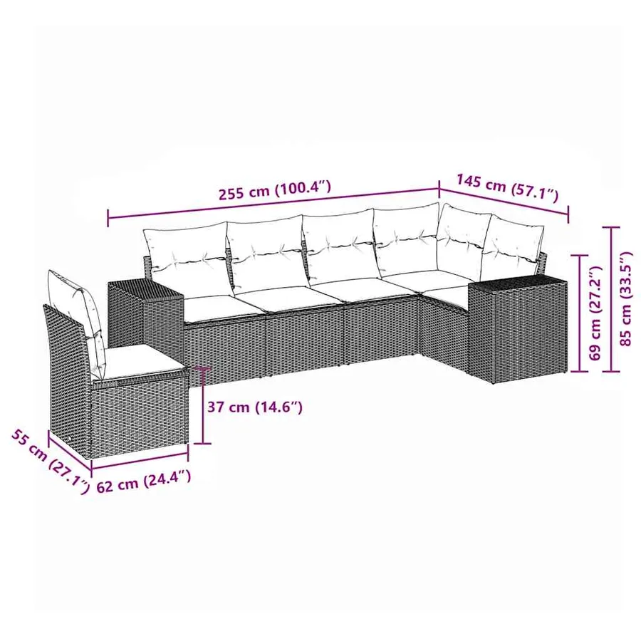 Salon de jardin 6 pcs avec coussins noir résine tressée - 3