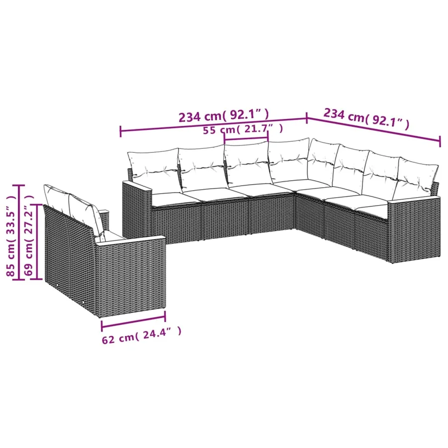 Salon de jardin 9 pcs avec coussins noir résine tressée - 3