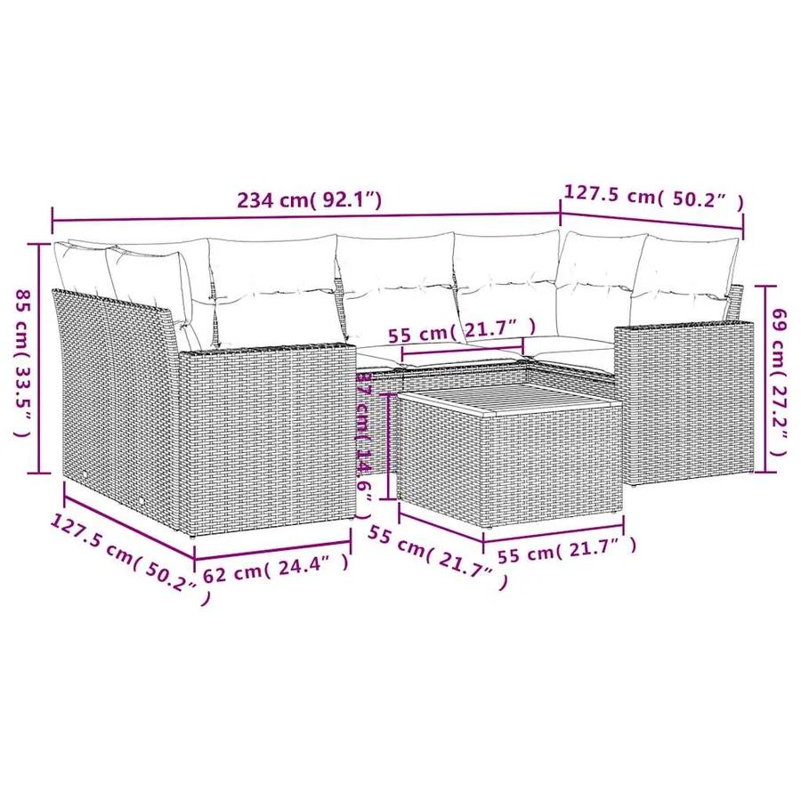Salon de jardin 7 pcs avec coussins noir résine tressée 62 x 62 x 69 cm - 62,1 kg - 12