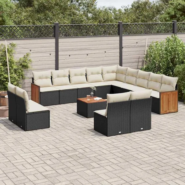Salon de jardin avec coussins 14 pcs noir résine tressée