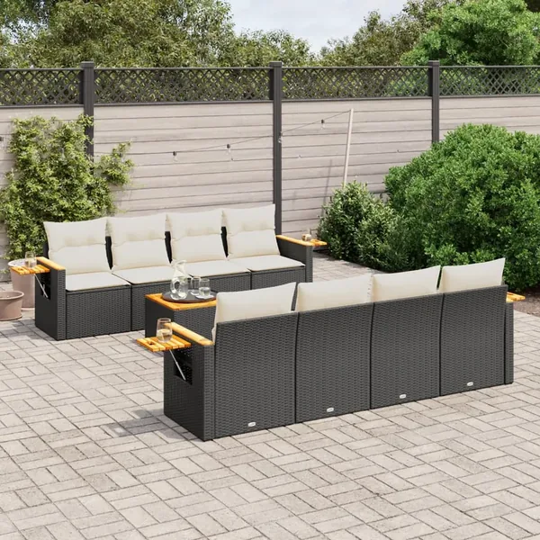 Salon de jardin 9 pcs avec coussins noir résine tressée