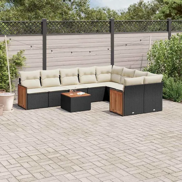 Salon de jardin 10 pcs avec coussins noir résine tressée