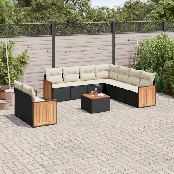 Salon de jardin 10 pcs avec coussins noir résine tressée