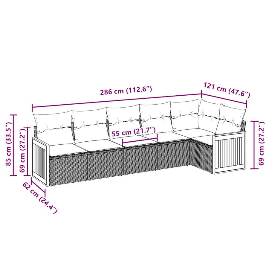 Salon de jardin 6 pcs avec coussins noir résine tressée - 3