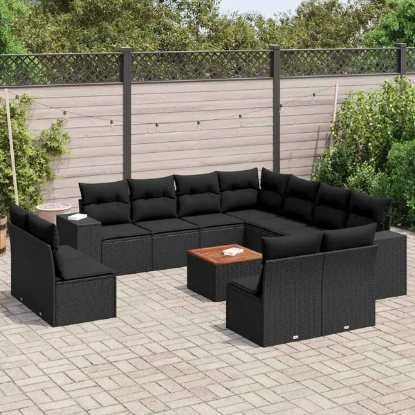 Salon de jardin 12 pcs avec coussins noir résine tressée