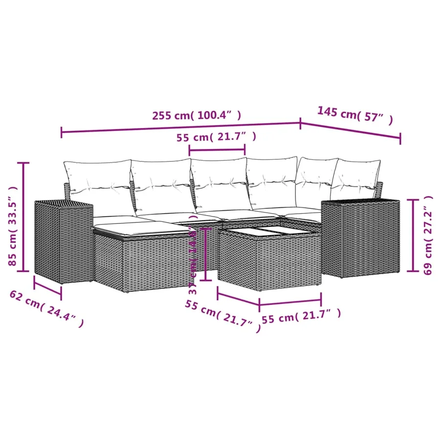Salon de jardin 7 pcs avec coussins noir résine tressée 62 x 62 x 69 cm - 61,2 kg - 3