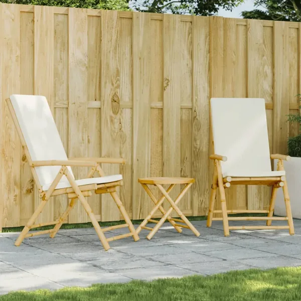 Ensemble de bistro pliante 3 pcs et coussins blanc crème bambou
