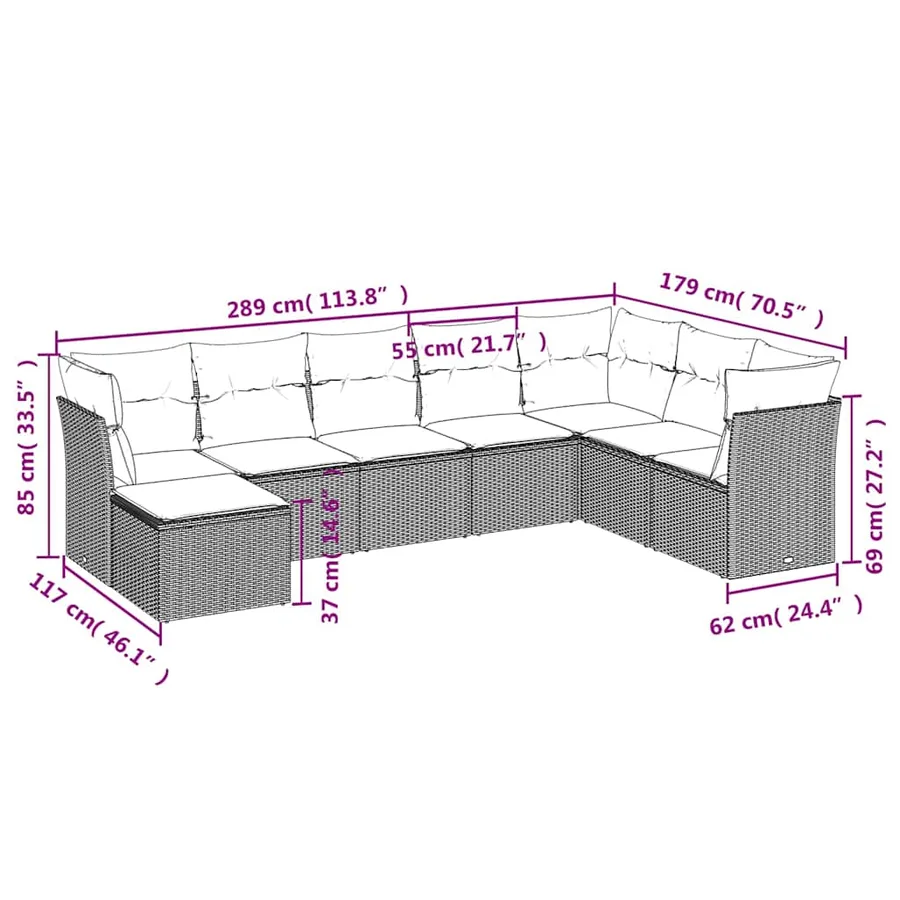 Salon de jardin 8 pcs avec coussins marron résine tressée - 7