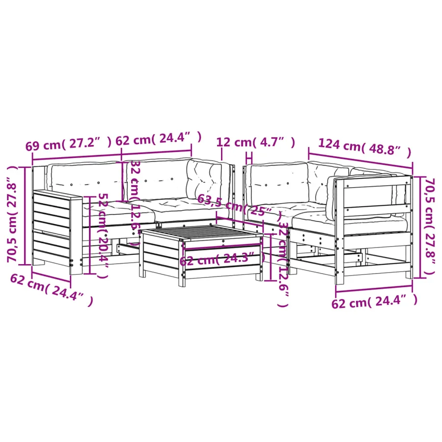 Salon de jardin 5 pcs avec coussins Bois de pin massif - 11