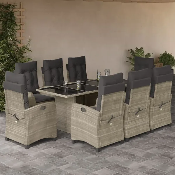 Ensemble à manger de jardin et coussins 9 pcs gris clair rotin