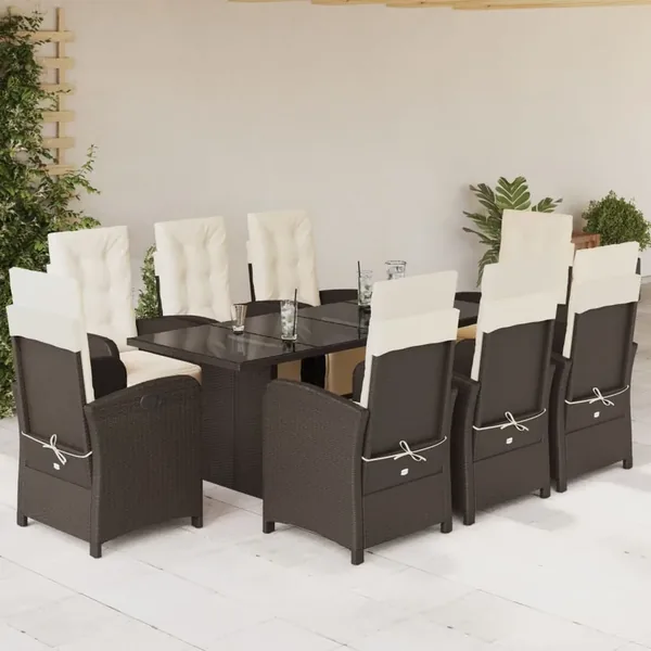 Ensemble à manger de jardin et coussins 9 pcs marron poly rotin